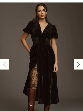 Anthropologie Katerina Black Velvet V-Neck Midi Dress with Puff Sleeves